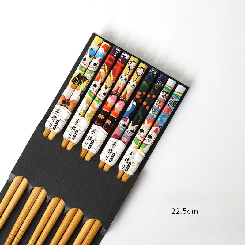 HULIANFU Reusable 5 Pair Set Handmade Bamboo Japanese Natural Wood Chopsticks Sushi Food Cat Flower Multi color Wooden Chop sticks - Deanwangkt