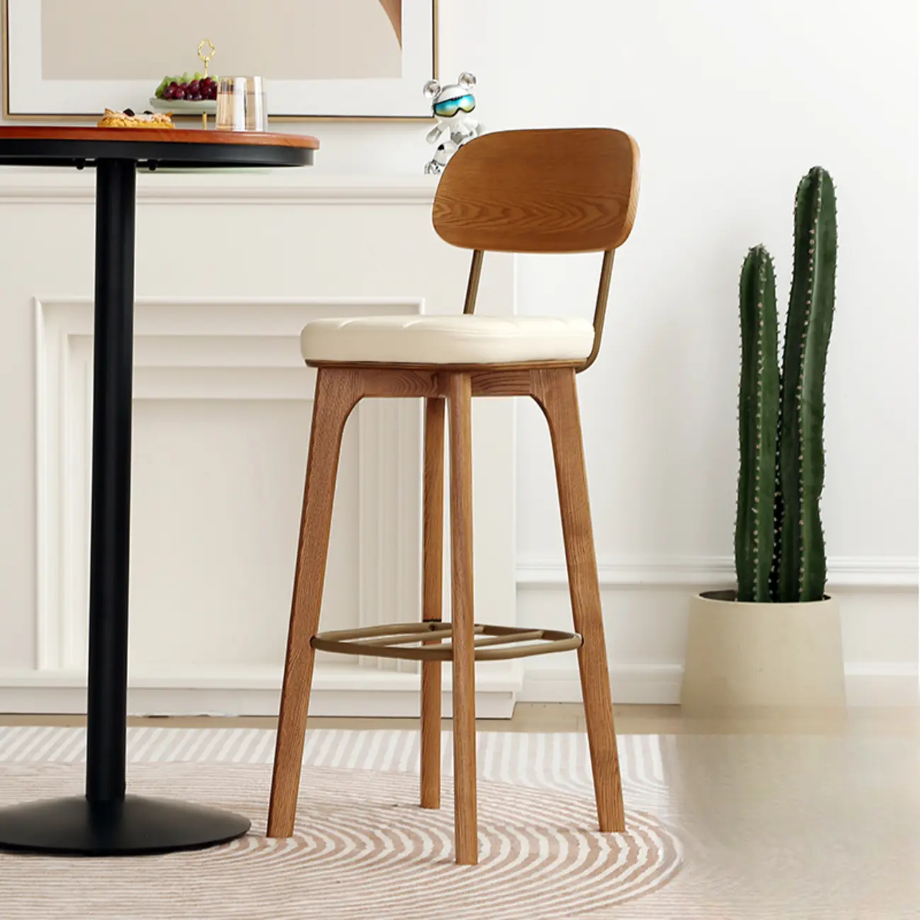 Wooden Square Leather Upholstered Bar Stool with Backrest