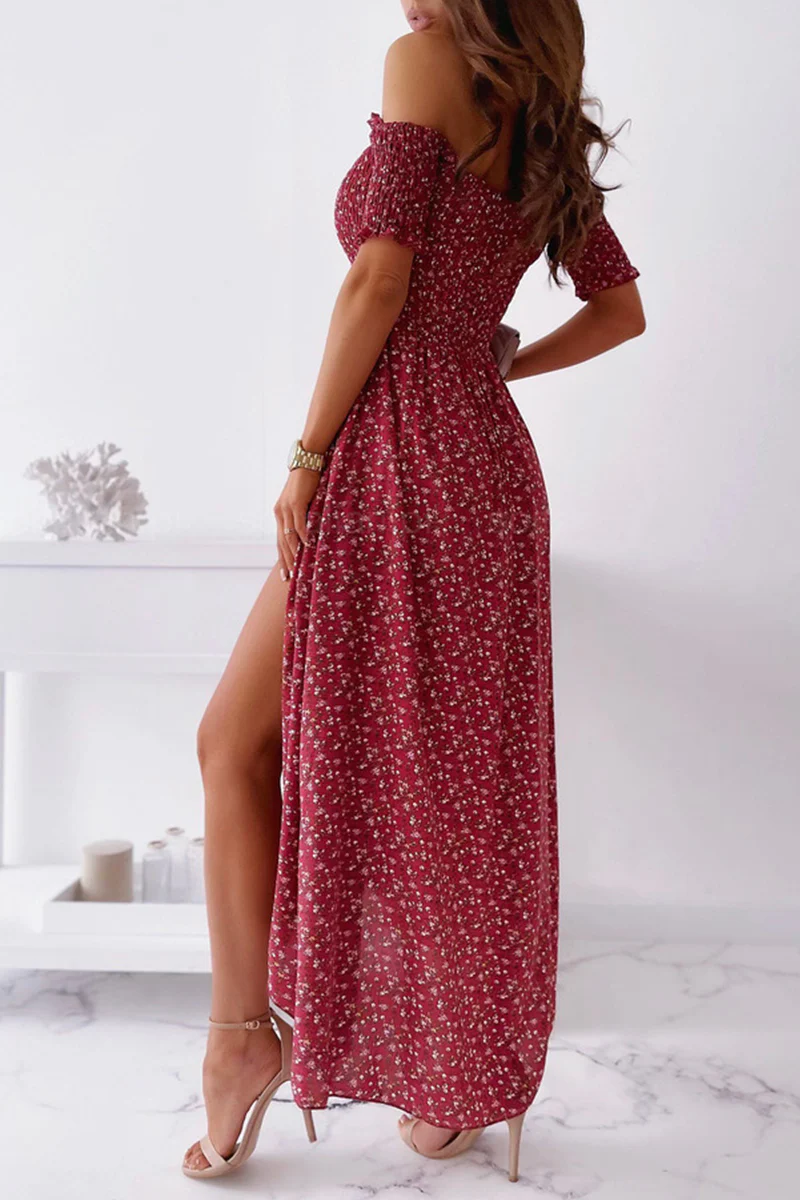hulianfu Elegant Floral Slit Fold Off the Shoulder Waist Skirt Dresses(5 Colors) - Deanwangkt