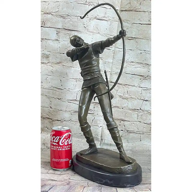 Medieval English British Longbow Bowman Archer Bow Arrow Bronze Statue Sculpture Marble Base