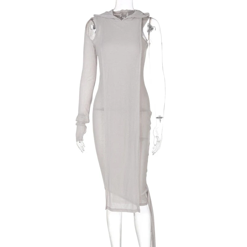 Fall Spring Clubwear Tight Dress One Sleeve Knit Asymmetric Midi Dresses Skinny Ribbed Hooded Streetwear Baddie Clothes - Deanwangkt