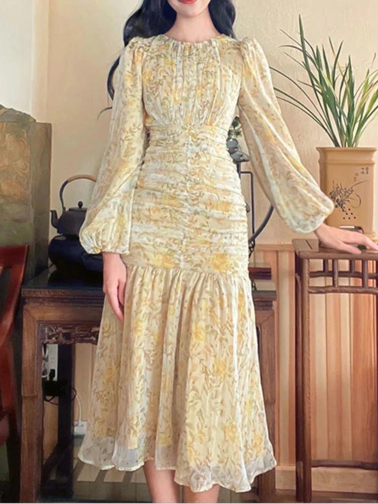 Hulianfu Floral Print Lace Midi Dresses for Women Clothing Elegant Long Sleeve Folds Party Prom Female Beach Bodycon Dress Summer 2026 - Deanwangkt