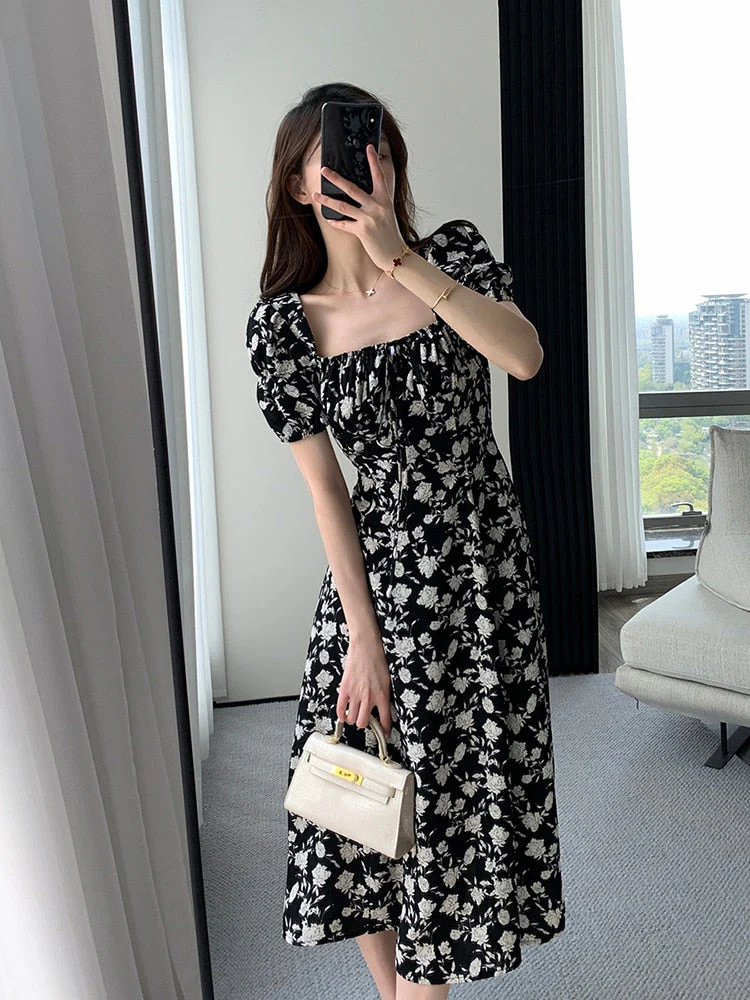 Hulianfu Vintage French Sexy Bodycon Black Floral Square Collar Office Lady Midi Chiffon Dress Women Party Elegant Clothes Summer - Deanwangkt