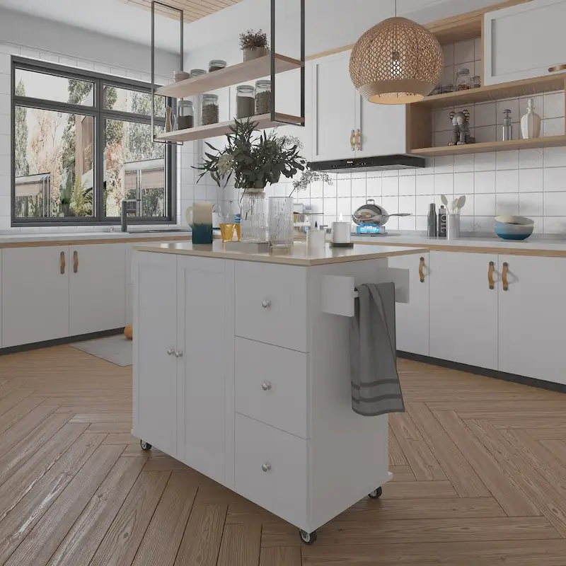 52.7 W Rolling Mobile Kitchen Island with Solid Wood Top and Locking Wheels,Storage Cabinet and Drop Leaf Breakfast Bar