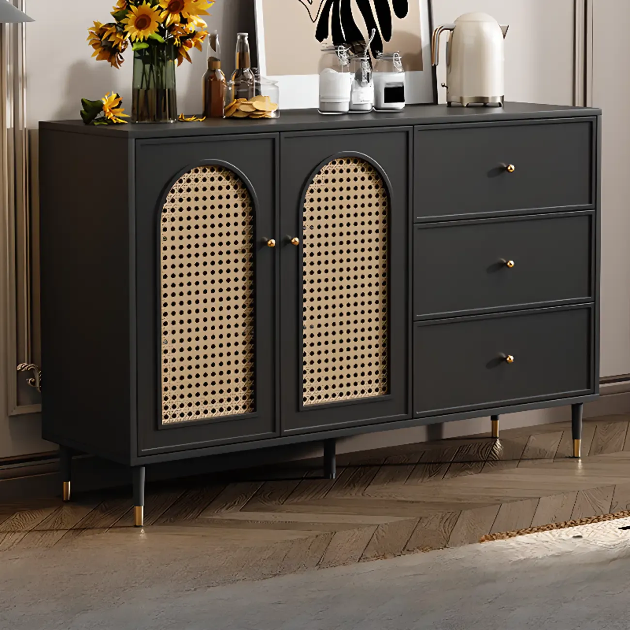 Traditional 3-Layer Rattan Wooden Black Sideboard Cabinet