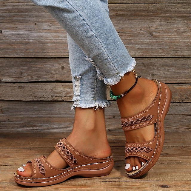 Women's Sandals Slippers Wedge Sandals Comfort Shoes Comfort Sandals Casual Daily Beach Summer Spring Cut Out Embroidery Wedge Heel Round Toe Casual Minimalism Synthetics Loafer Solid Colored Wine - Deanwangkt