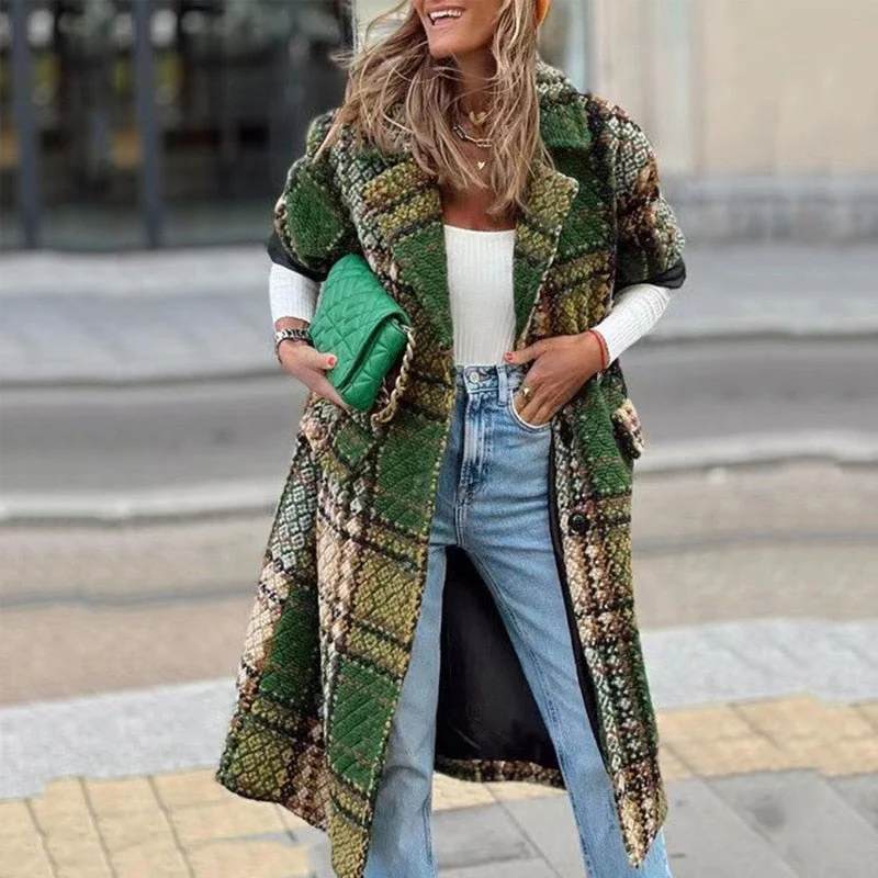 hulianfu Fashion Plaid Print Long Cardigan Coats Autumn Winter Women Casual Long Sleeve Loose Outerwear Elegant Lapel Button Jackets - Deanwangkt