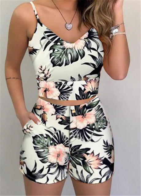Fashion Women Shorts Suits 2Pieces Sets Summer Office Lady Floral Strap Tank Crop Top+High Waist Button Shorts Female Outfits - Deanwangkt
