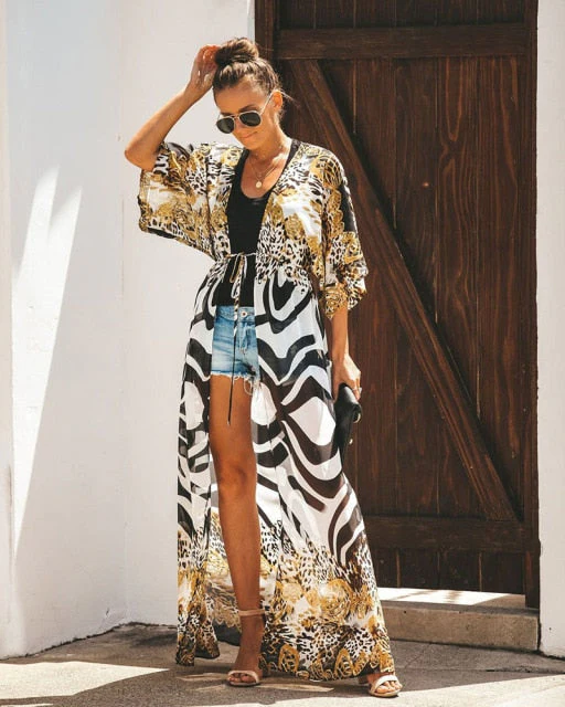Leaves Print Bikini Beach Cover up Tunics for Beach Long Kaftan Bikini Cover up Robe de Plage Sarong Beach Swimsuit cover-ups - Deanwangkt