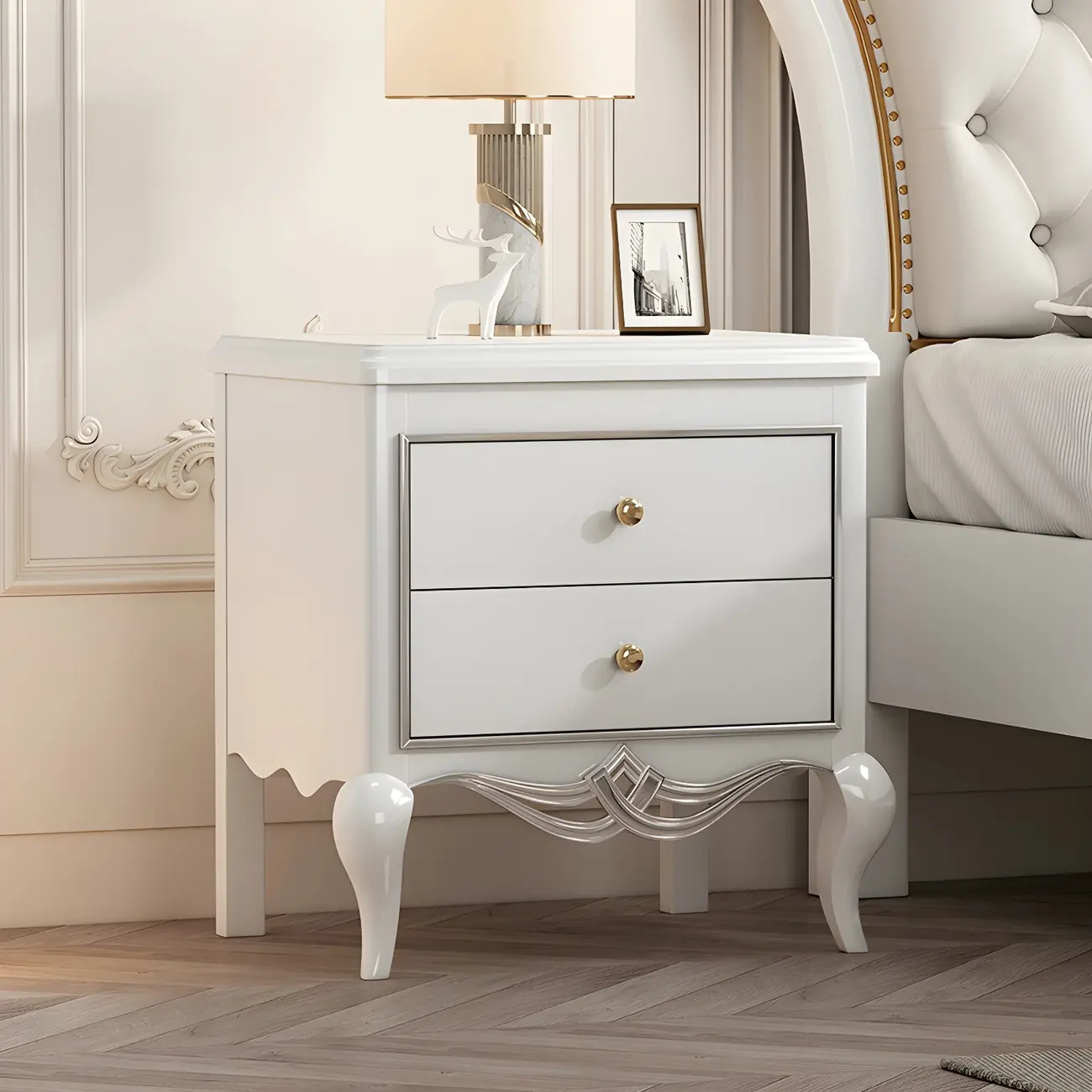 Glam Rubberwood White 2-Drawer Nightstand with Legs