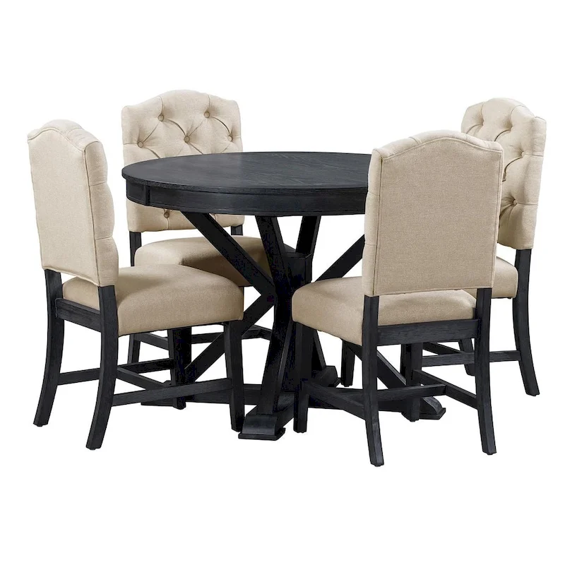 Wooden Round Drop Leaf Extendable Dining Table Set with 4 Upholstered Chairs