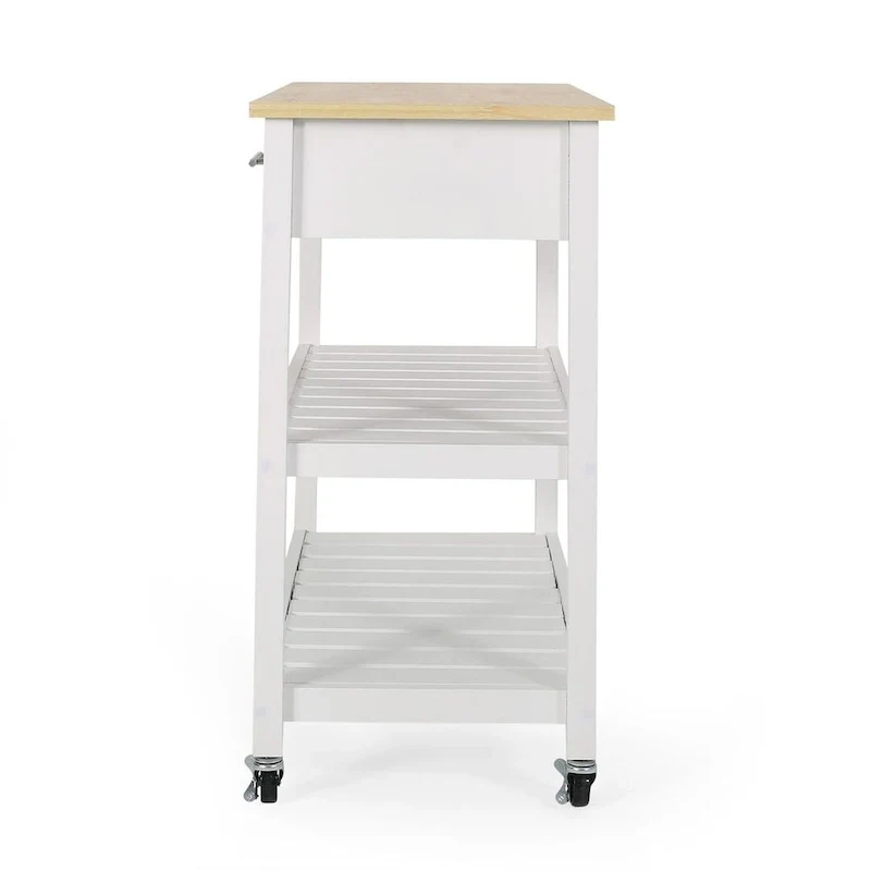 Modern White Wood Kitchen Cart with Wheels Drawers and Shelves by