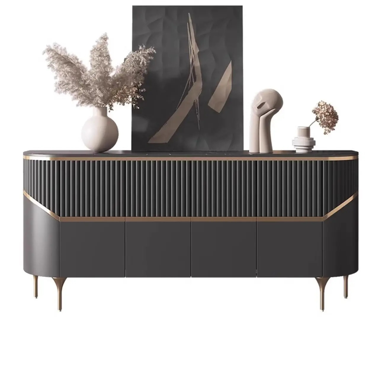 Modern White/Black Buffet Table with Cabinets