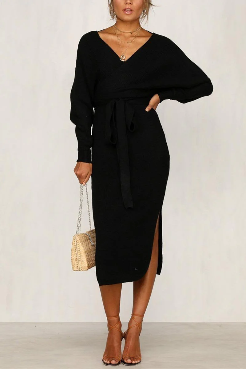 hulianfu hulianfu V Neck Backless Sweater Dress(5 Colors) - Deanwangkt