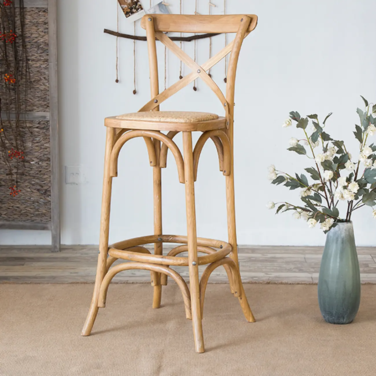 Rustic Farmhouse Wooden Square Rattan Cross Back Bar Stools