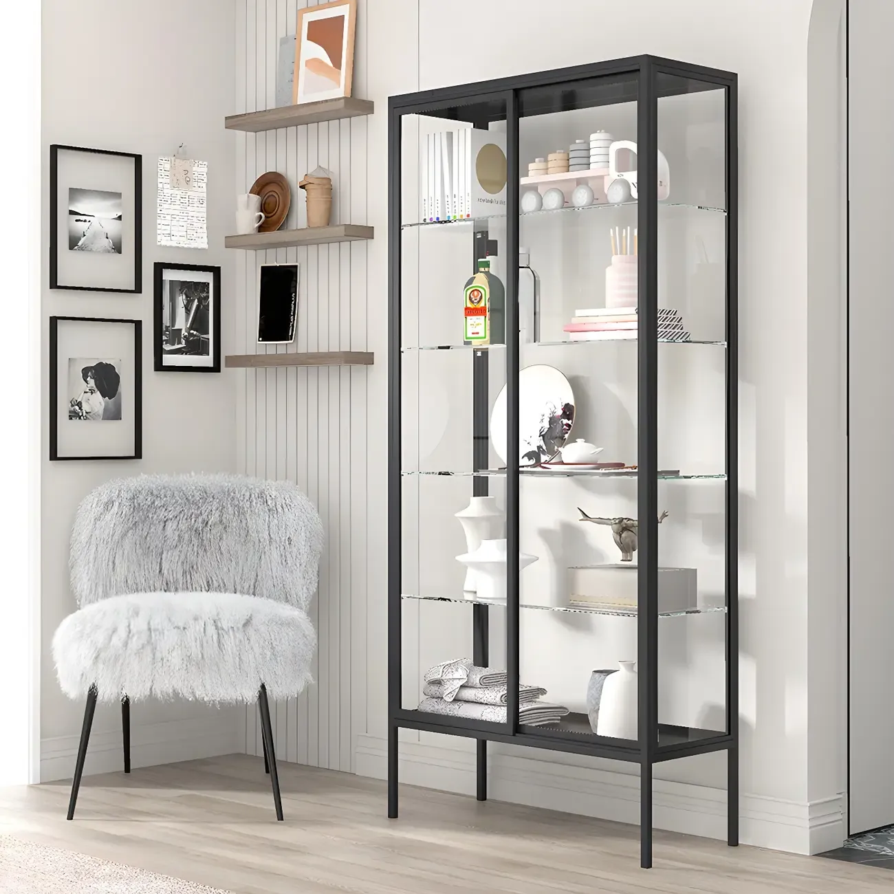 Black Metal Frame Glass Shelves Curio Cabinet