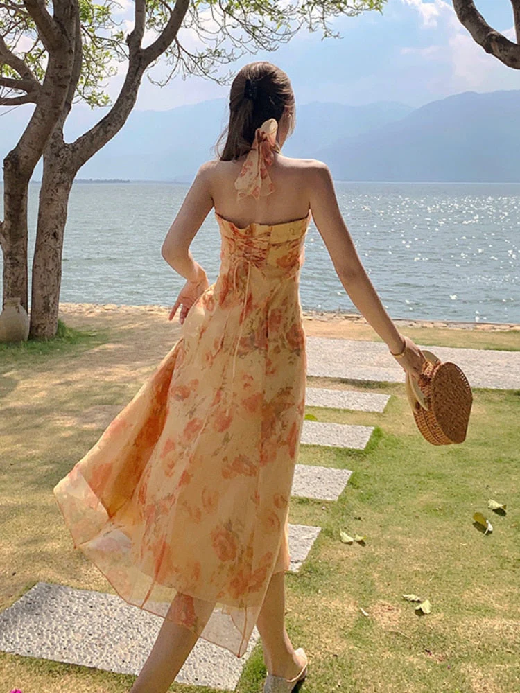 Hulianfu French Vintage Dress Women Elegant Backless Floral Halter Neck Midi Dress Summer Chiffon Holiday Beach Dresses for Women - Deanwangkt