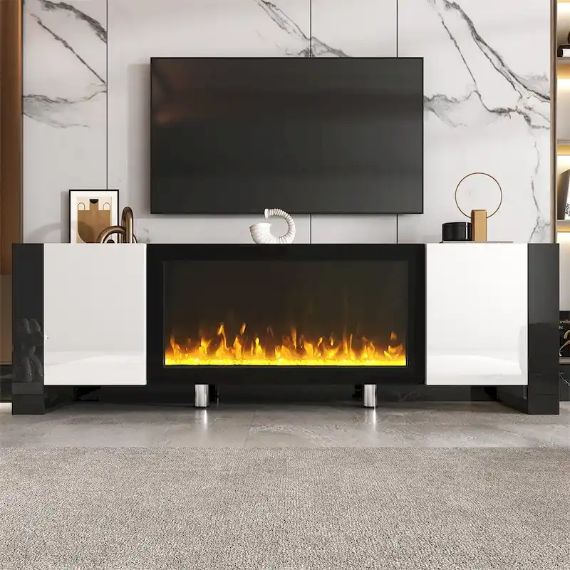 Modern TV Stand with 34.2 Non-heating Electric Fireplace and Cabinets