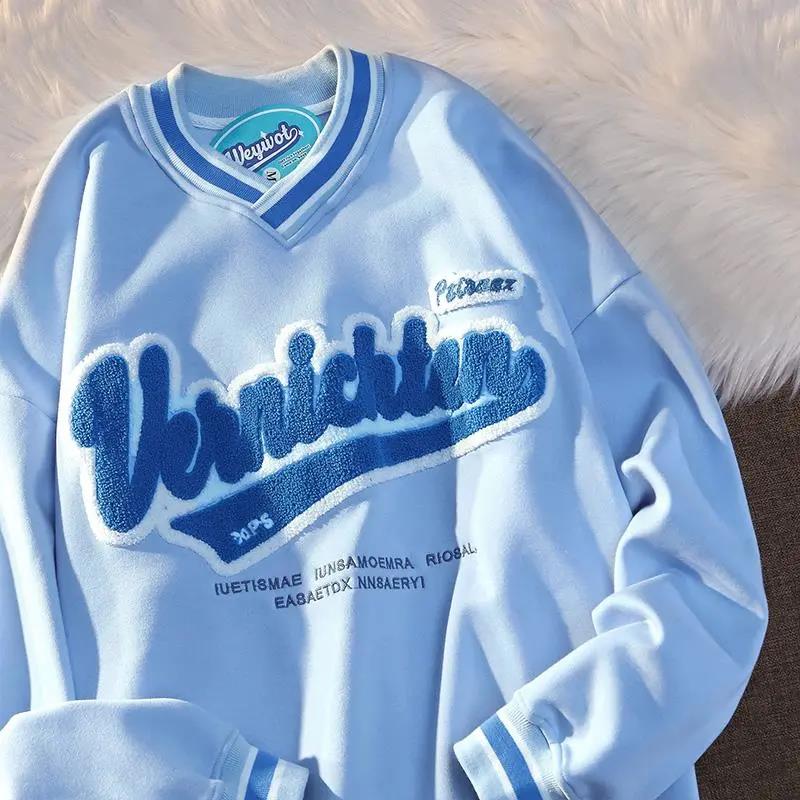 Vintage Punk Style Streetwear Chic V-neck Letter Embroidery Sweatshirt Women Baseball Oversized Tops Harajuku Clothes for Teens - Deanwangkt