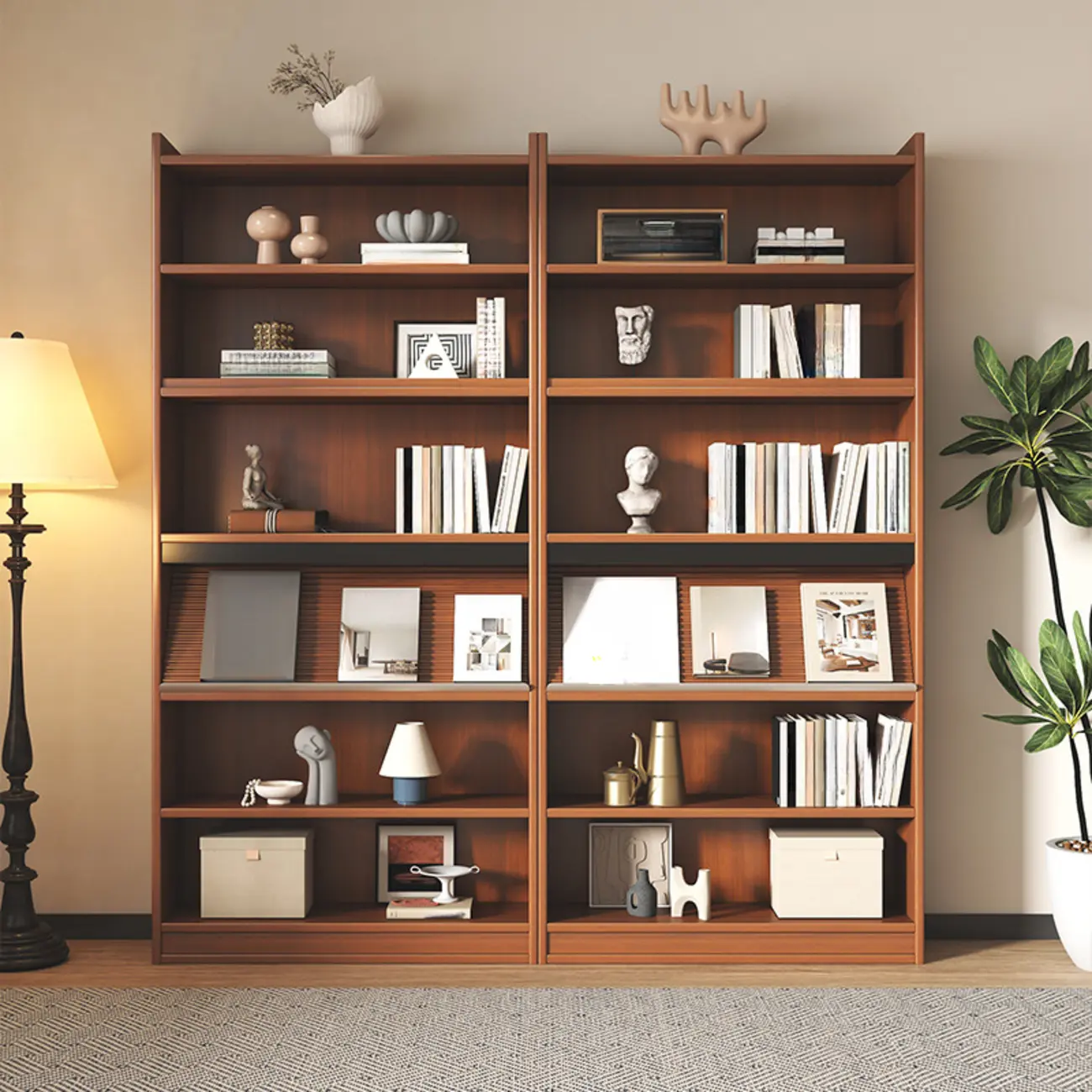 Tall Scandinavian Vertical Walnut Closed Back Wood Bookcase