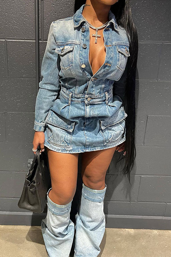 Washed Denim Casual Multi Pocket Mini Dress With Leg Warmers - Deanwangkt