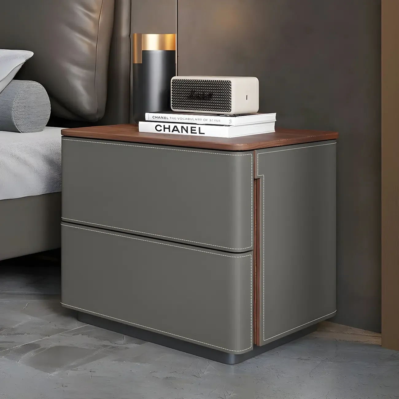 Modern Faux Leather Wood Top Drawers Nightstand