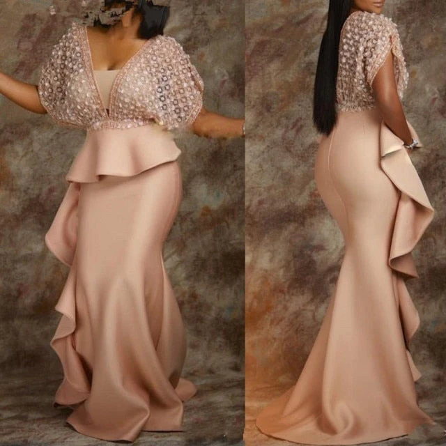 Hulianfu Champagne Abiye Long Mermaid African Evening Dress with Sleeves Peplum Ruffles Plus Size Women Formal Prom Dresses Elegant - Deanwangkt