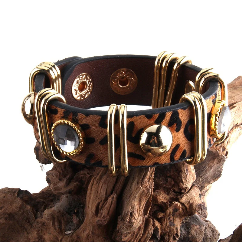 HULIANFU RH Fashion Boho Leather Armbander Goldcolor Metal Rectangle Real Leopard Horsetail Leather Bracelets For Women Gift DropShip - Deanwangkt