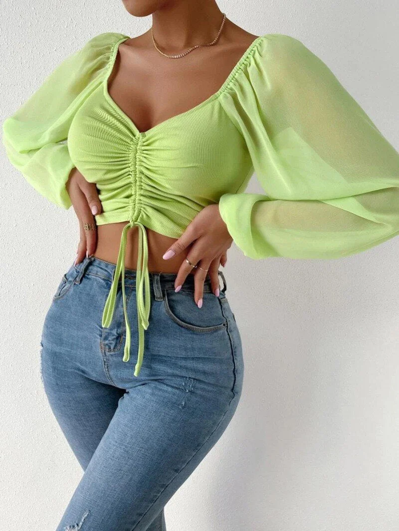 Hulianfu Fashion Sexy Low-cut Long Sleeve Crop Tops Women 2026  Summer Autumn Slim Solid Top Femme And Blouses Chiffon Shirt - Deanwangkt