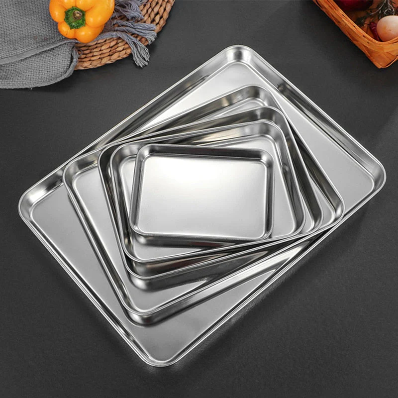 HULIANFU Stainless Steel Food Storage Trays Rectangle Steamed Sausage Fruit Pans Water Bread Kitchen Baking Shallow Dish Serving Plate - Deanwangkt