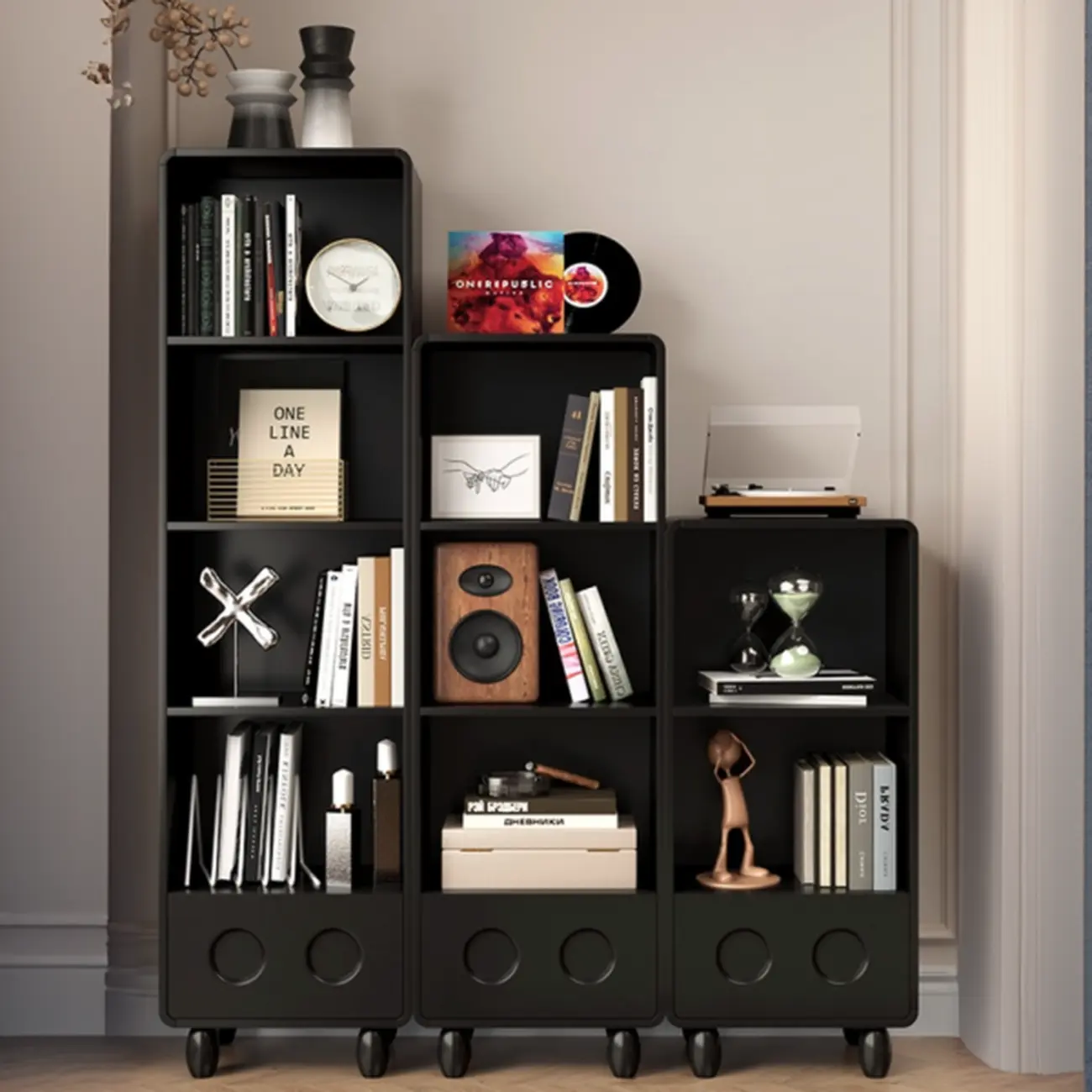 Narrow Black Wood 5-Tier Rolling Bookcase with Drawers