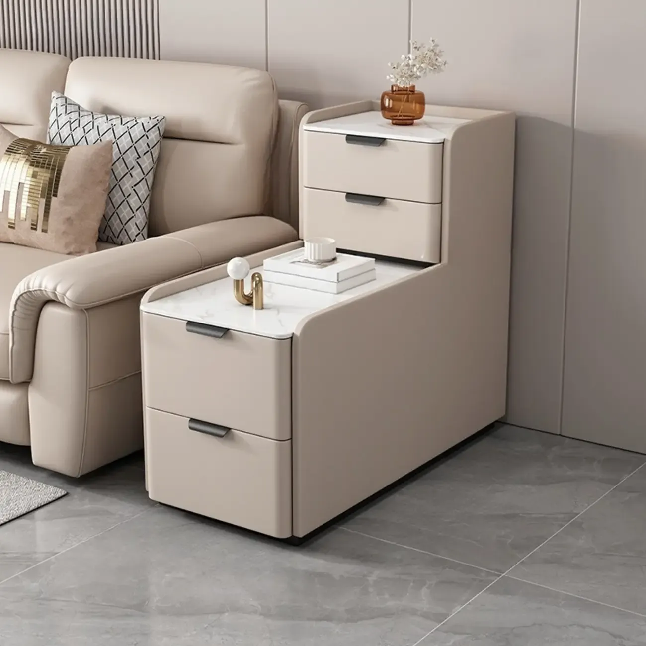 Tall 4-Drawer Stone Top Wooden L-Shaped Sofa End Table