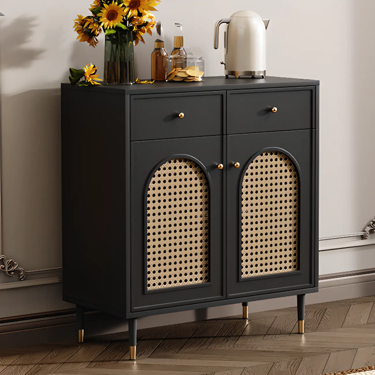 Traditional 3-Layer Rattan Wooden Black Sideboard Cabinet