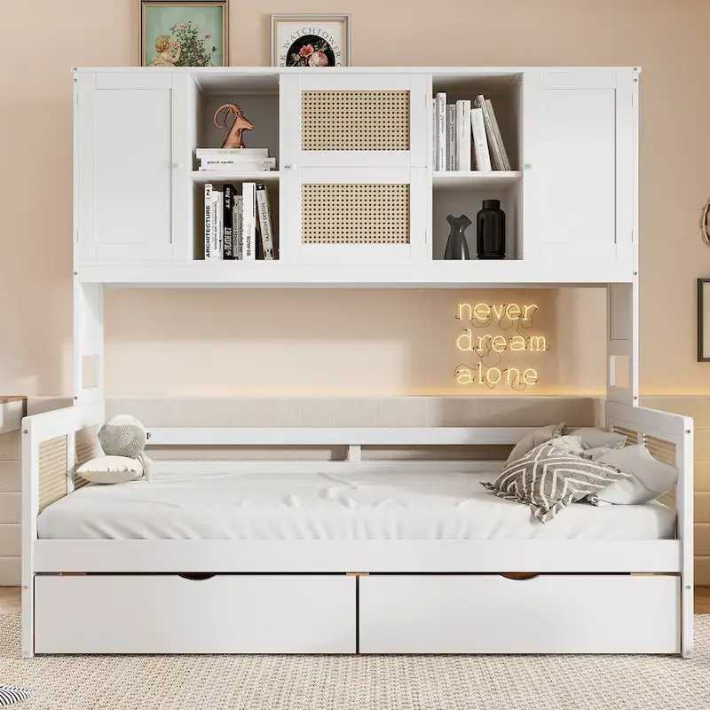 Twin Daybed with Storage Drawers, Cabinet, and Shelf, Sturdy Wood Construction