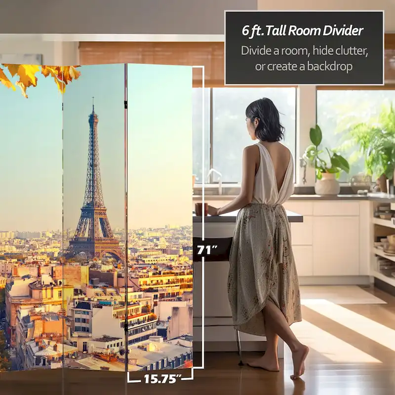 Handmade 6' Double Sided Eiffel Tower Sunset Canvas Room Divider
