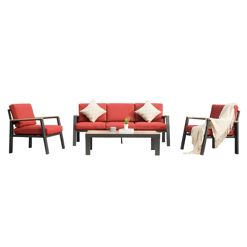 4 Pieces Aluminum Outdoor Patio Furniture Set, Modern Outdoor Sectional with Coffee Table & Cushion - 70.87 * 25.98 * 14.37