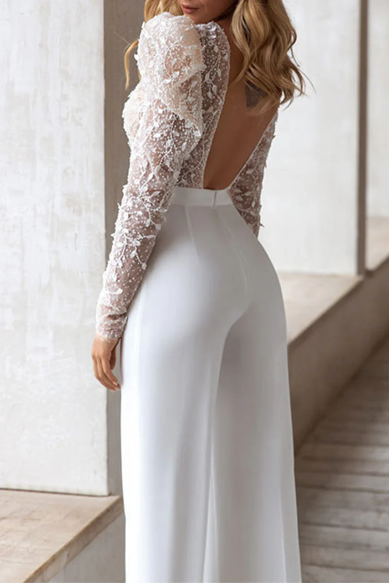 hulianfu Sexy Elegant Solid Patchwork Backless O Neck Regular Jumpsuits - Deanwangkt