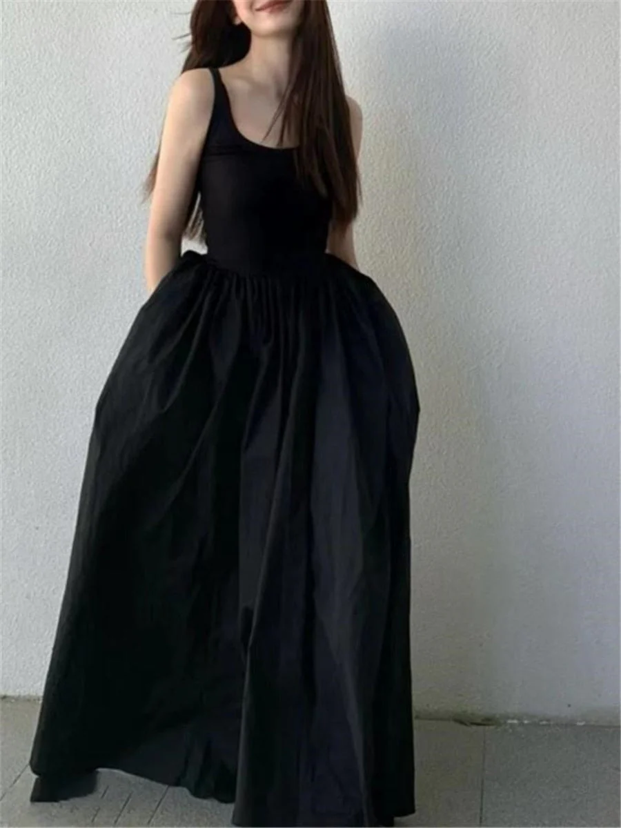 Black Long Tank Dress Women Spring Summer O Neck Floor-length Office Lady Casual Pockets Dresses  New Female Clothing - Deanwangkt