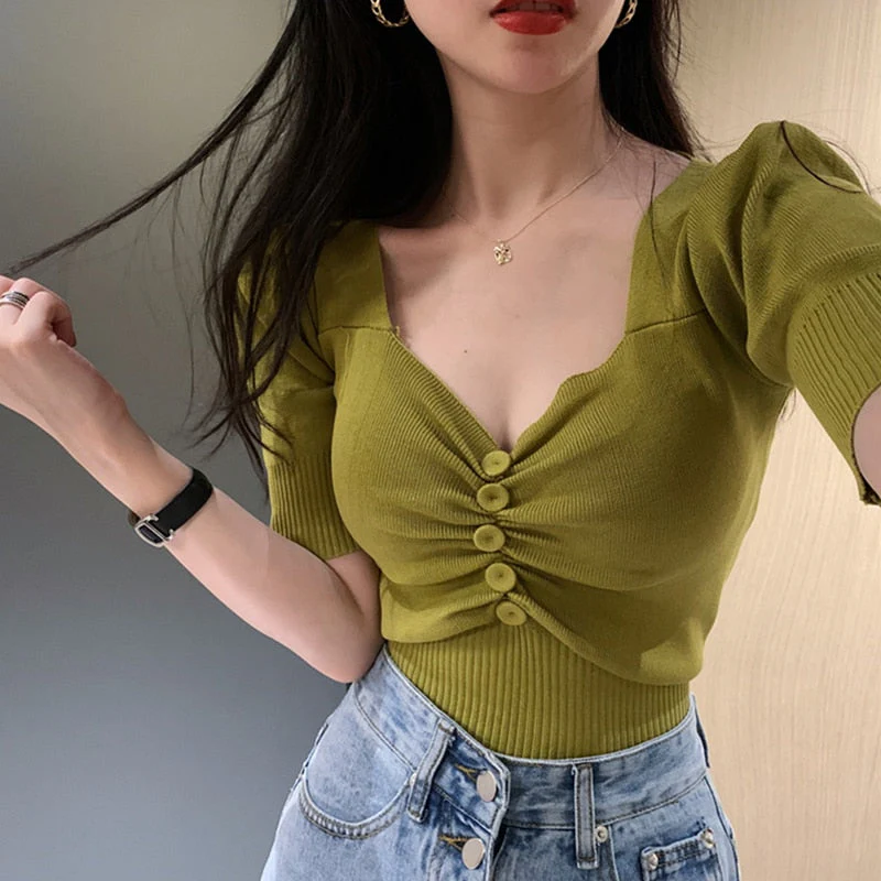 Hulianfu Vintage Puff Short Sleeve V-neck Knitted T-shirts With Decorated Buttons Girls Solid Stretchy Crop Tops Thin Knitwear For Women - Deanwangkt