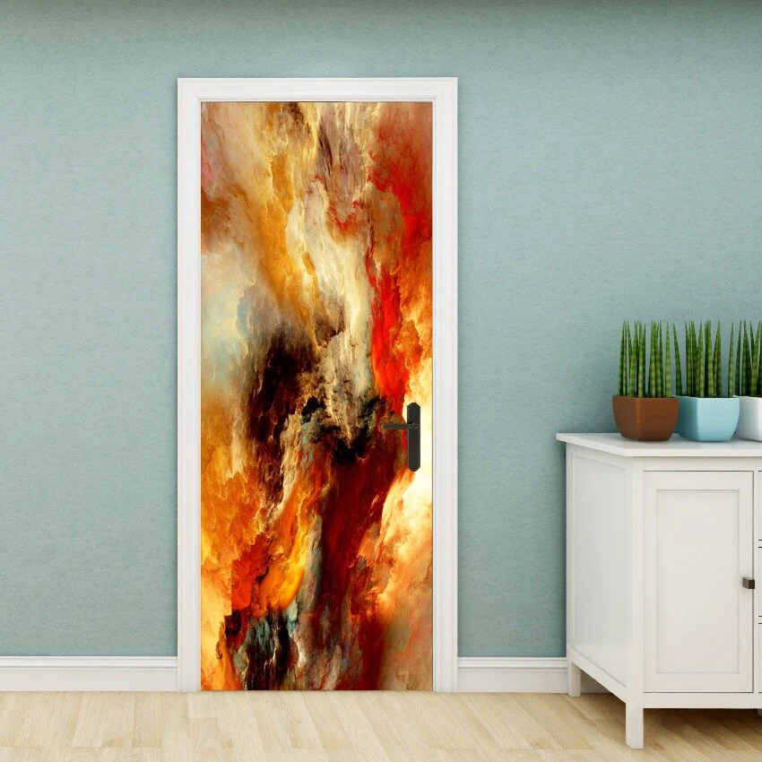 HULIANFU PVC Material Self-adhesive Door Stickers Art Colorful Light Tie-dye Blooming Abstract Home Decor Poster Door Decoration Stickers - Deanwangkt