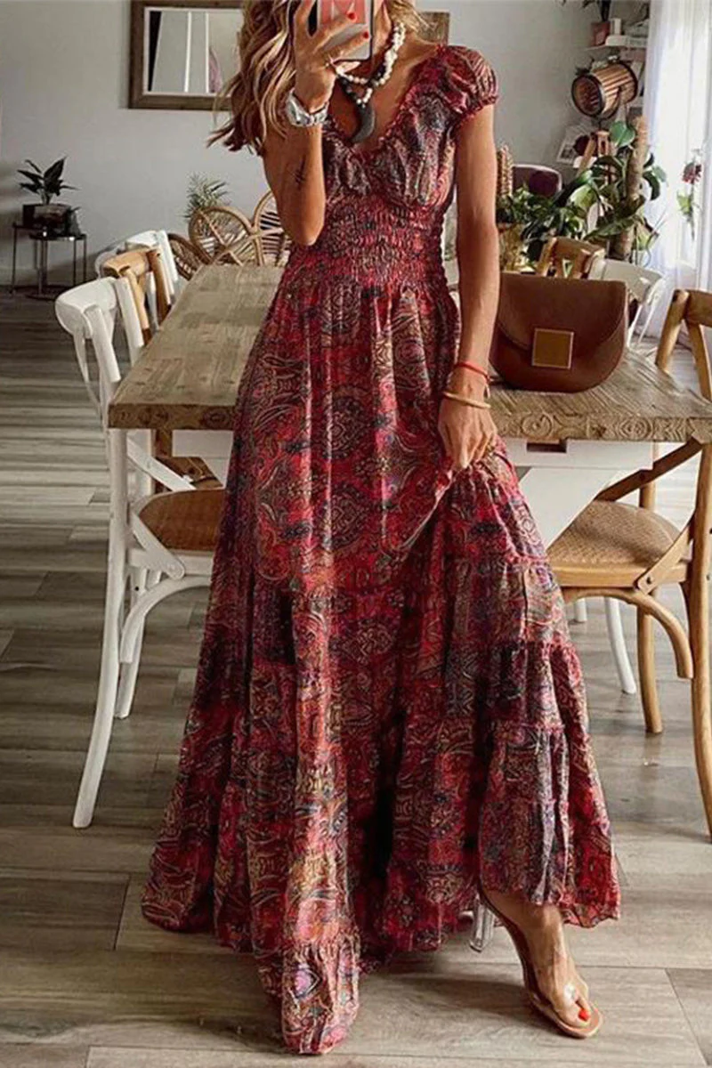 hulianfu - Bohemian College Print Fold V Neck A Line Dresses(6 Colors) - Deanwangkt