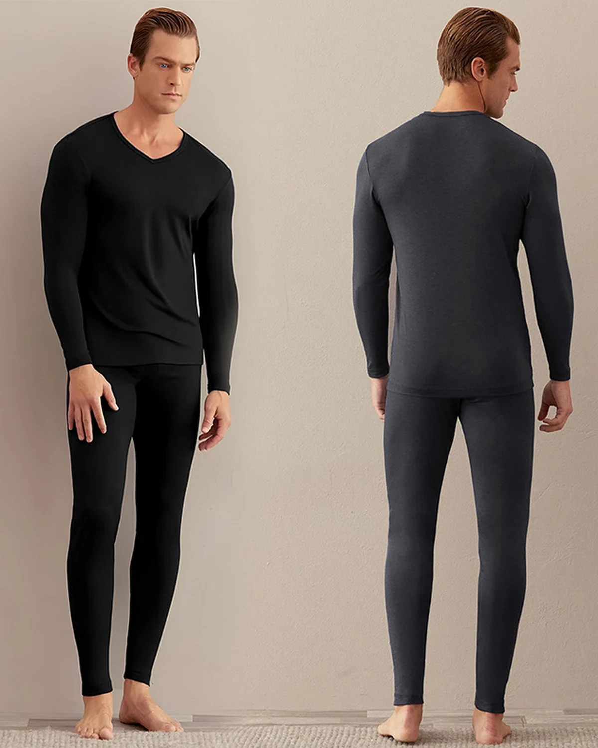 Fall/Winter stretchy modal thermal underwear set for men, plus-size casual homewear lightweight base-layer top and pants