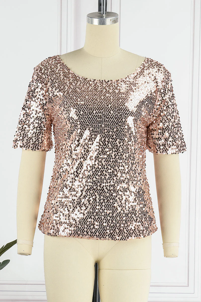 Casual Street Solid Sequins O Neck T-Shirts - Deanwangkt