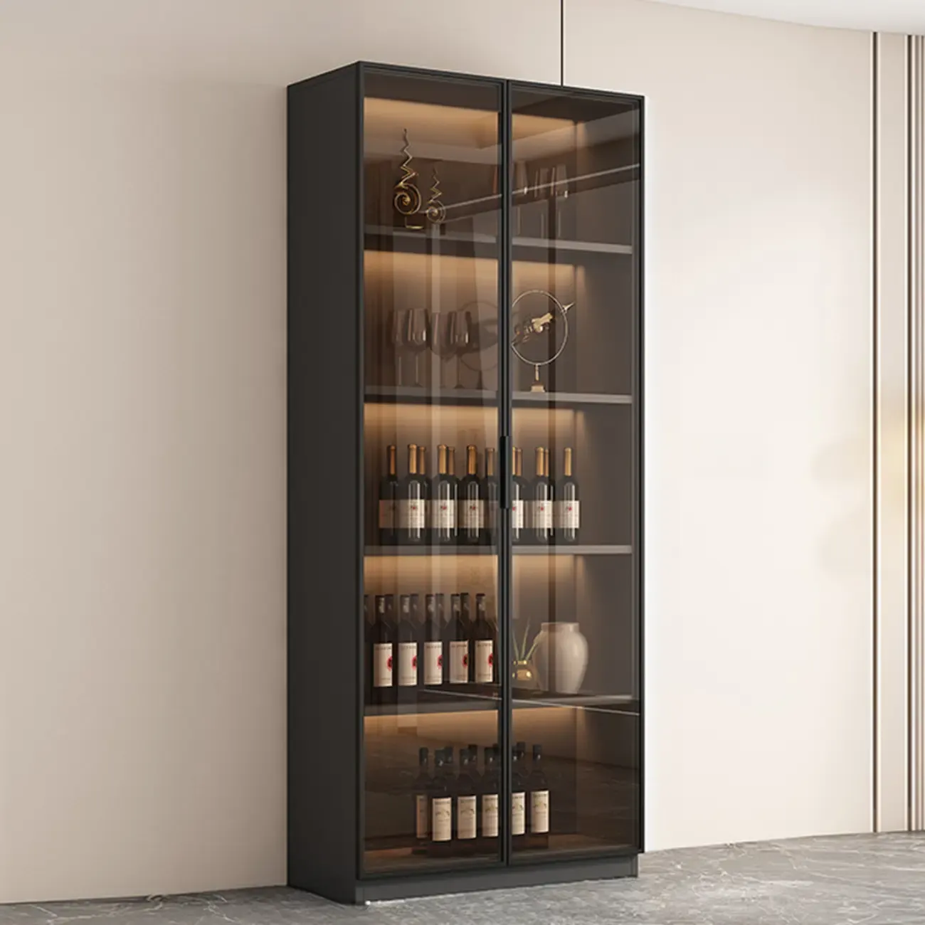 Tall Narrow Black Wood Display Cabinet with Light