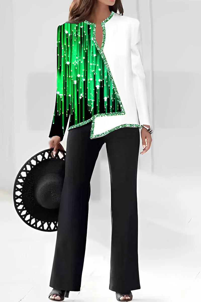 hulianfu Casual Print Asymmetrical V Neck Long Sleeve Two Pieces - Deanwangkt