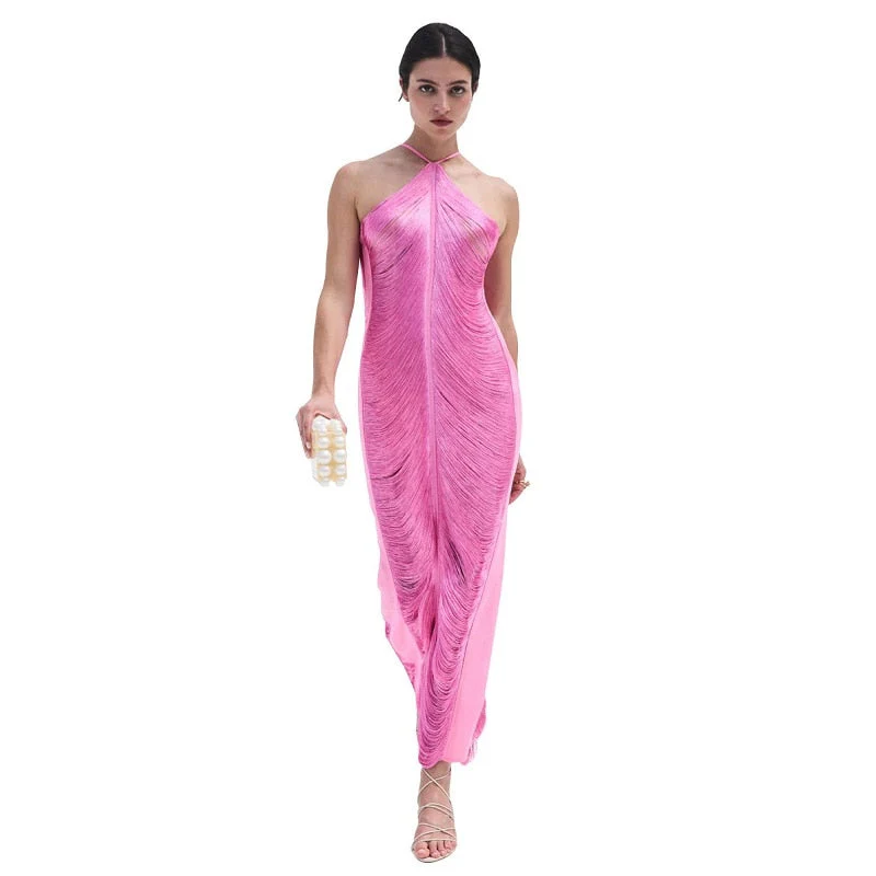 Backless Maxi Dress Sexy tassel Spaghetti Strap Slim Dress For Women Long Club Party Beach Dress Cover-ups Summer Outfits - Deanwangkt