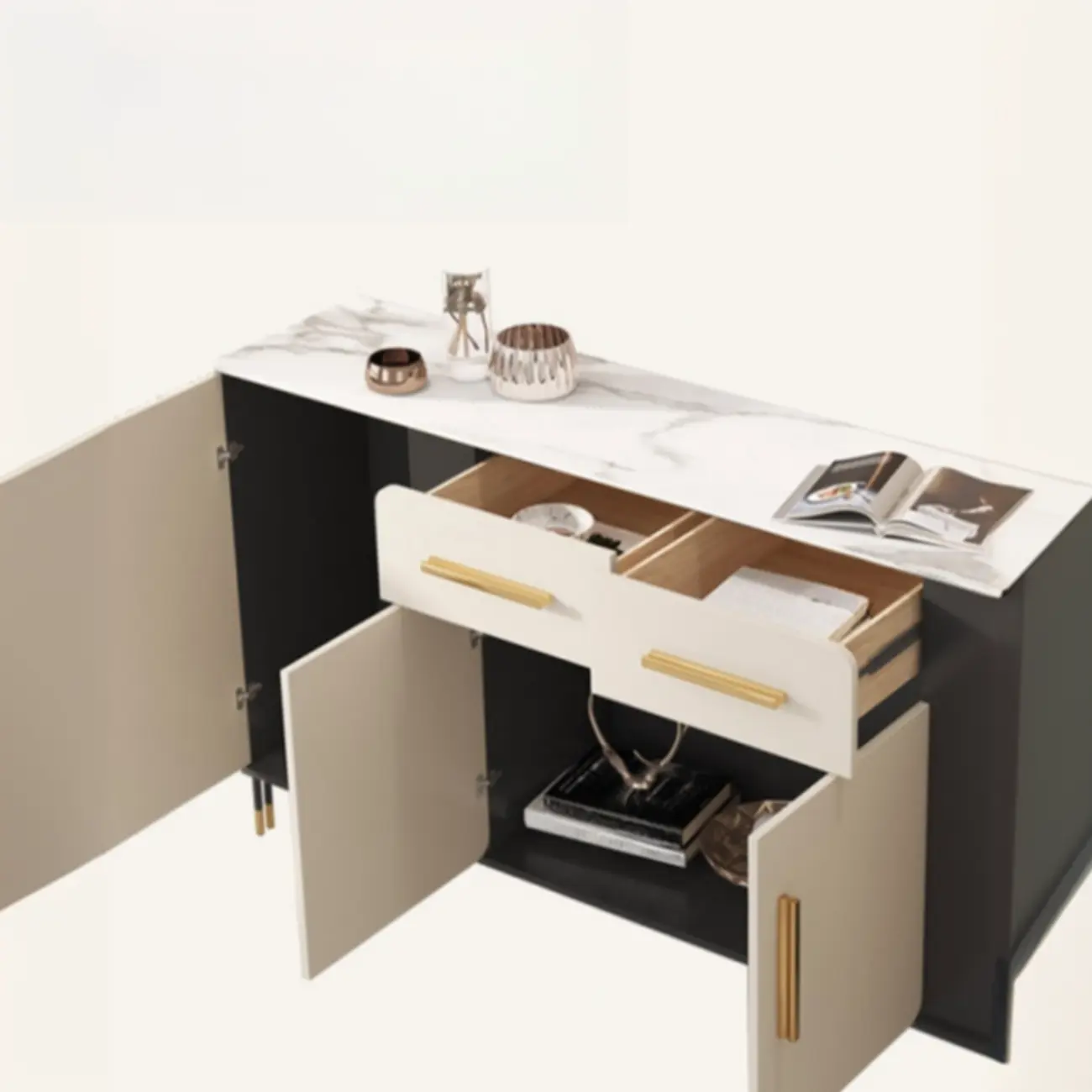 Glam White Sideboard with Stone Top and Drawers