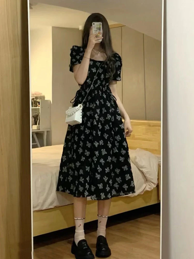 Hulianfu Vintage Black Square Collar Bandage Puff Sleeve Print Chiffon Midi Maxi Dresses for Women Party Dress Korea Clothing Summer - Deanwangkt