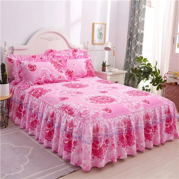 HULIANFU  3pcs set Elegant floral bed skirt skin-friendly cotton lace bedding home decor bedspreads queen pink king size bed cover - Deanwangkt