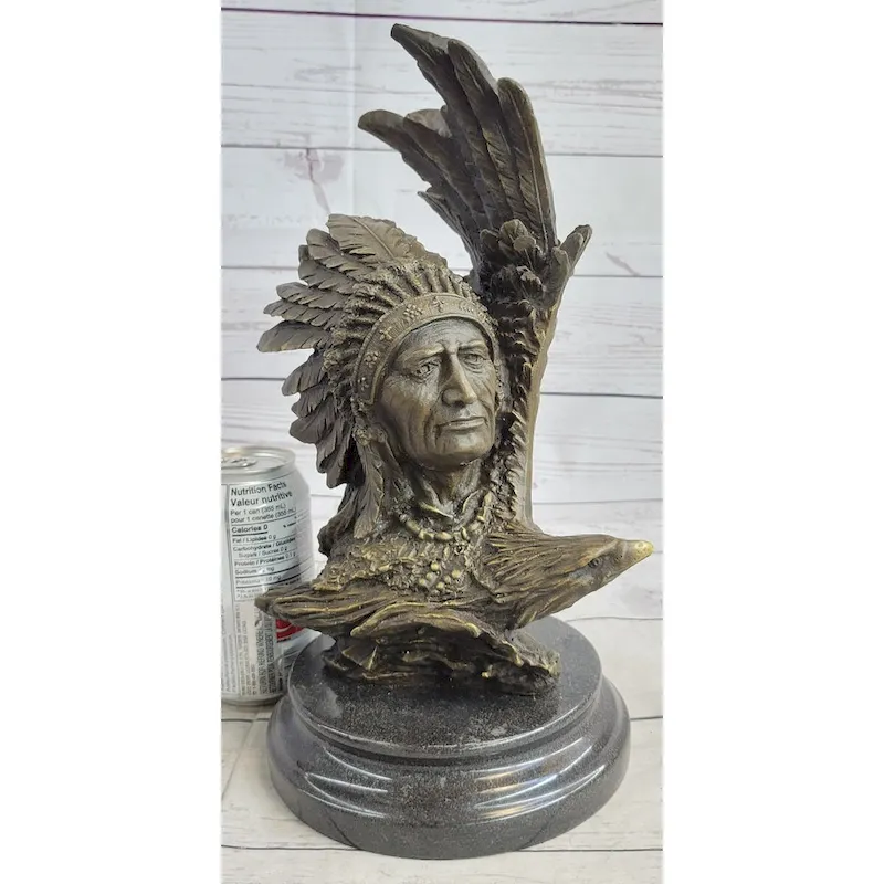 Native American Man Eagle Bronze Metal Bust Sculpture Statue On Marble Base